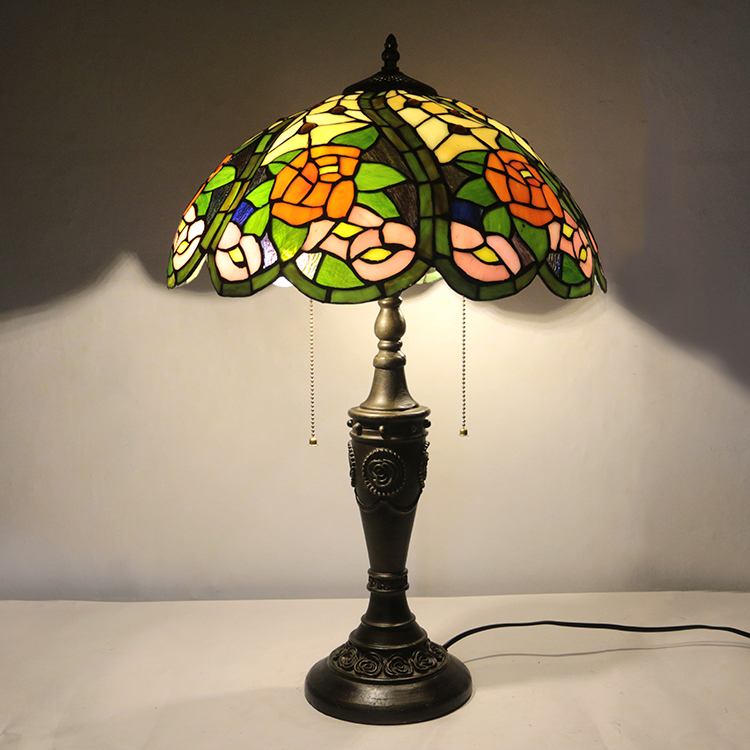 LongHuiJing 16Inch Retro Tiffany Table Lamp Red Stained Glass Yellow Rose Lampshade Lights Handmade Glass Desk Lamps