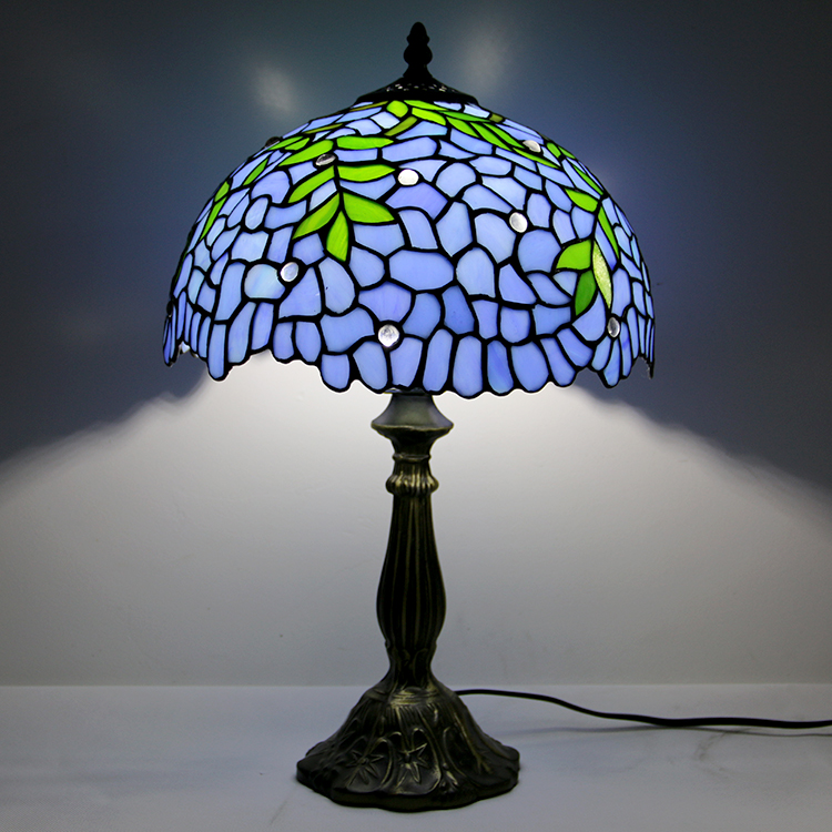 LongHuiJing 12Inch Tiffany Lamp Stained Glass Bedside Table Lamp Wisteria Blue Style Reading Desk Light 18" Tall