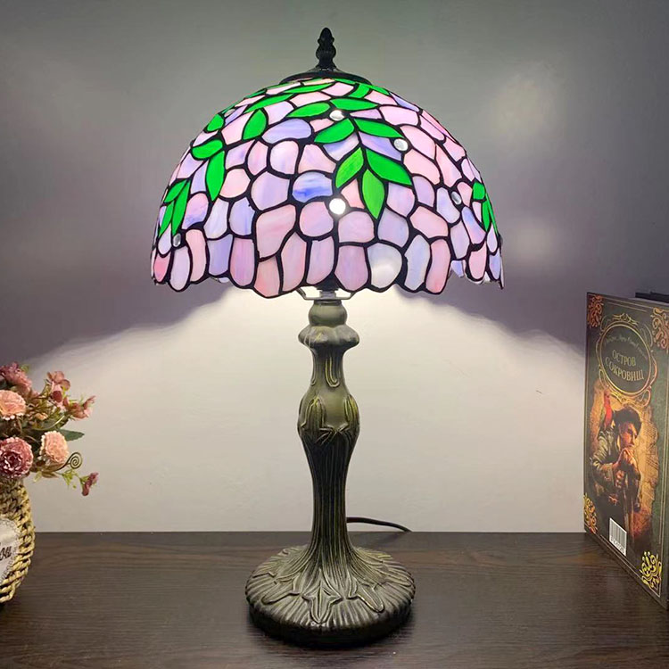 LongHuiJing Tiffany Style Table Lamp Green Leafs Purple Stained Glass Lampshade Desk Lighting 12W18H