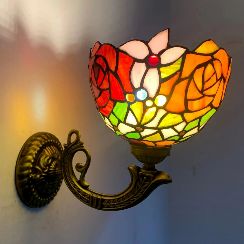 LongHuiJing 8Inch Tiffany Style Wall Lamp Stained Glass Wall Sconce Lights  Handmade Decor Flush Mount LED Mirror Light 