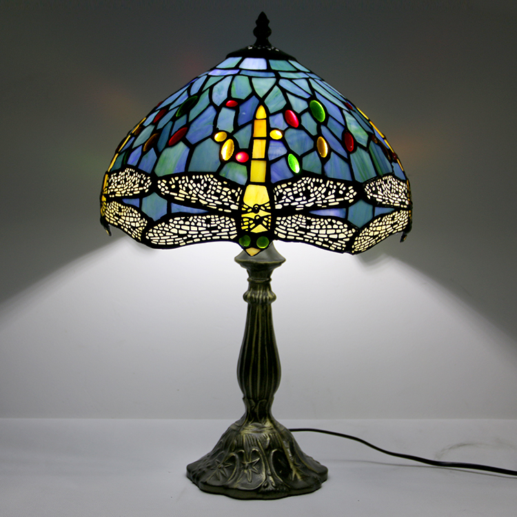 LongHuiJing 12Inch Tiffany Lamp Stained Glass Bedside Table Lamp Antique Dragonfly Style Reading Desk Light 18" Tall