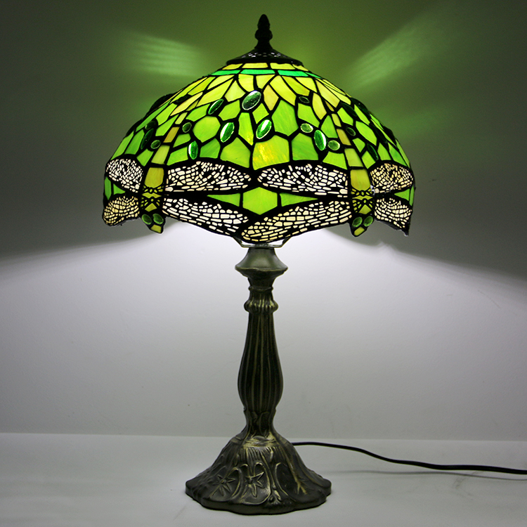 LongHuiJing 12Inch Tiffany Lamp Stained Glass Bedside Table Lamp Dragonfly Green Style Reading Desk Light 18" Tall
