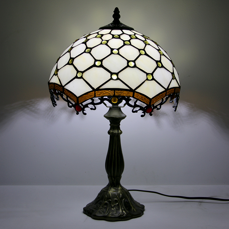 LongHuiJing 12Inch Tiffany Lamp Stained Glass Bedside Table Lamp Beads White Style Reading Desk Light 18" Tall