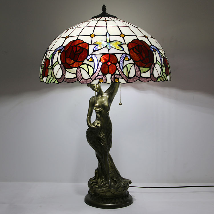 LongHuiJing Tiffany Style Table Lamp Stained Glass Lampshade Flower Bedside Lamp Woman Base Decorated Lamps 19.7Inch