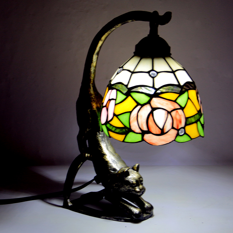 LongHuiJing Tiffany Style Table Lamp Rose Stained Glass Bedside Lamps with Cat Base 15 inch Tall Vintage Antique 