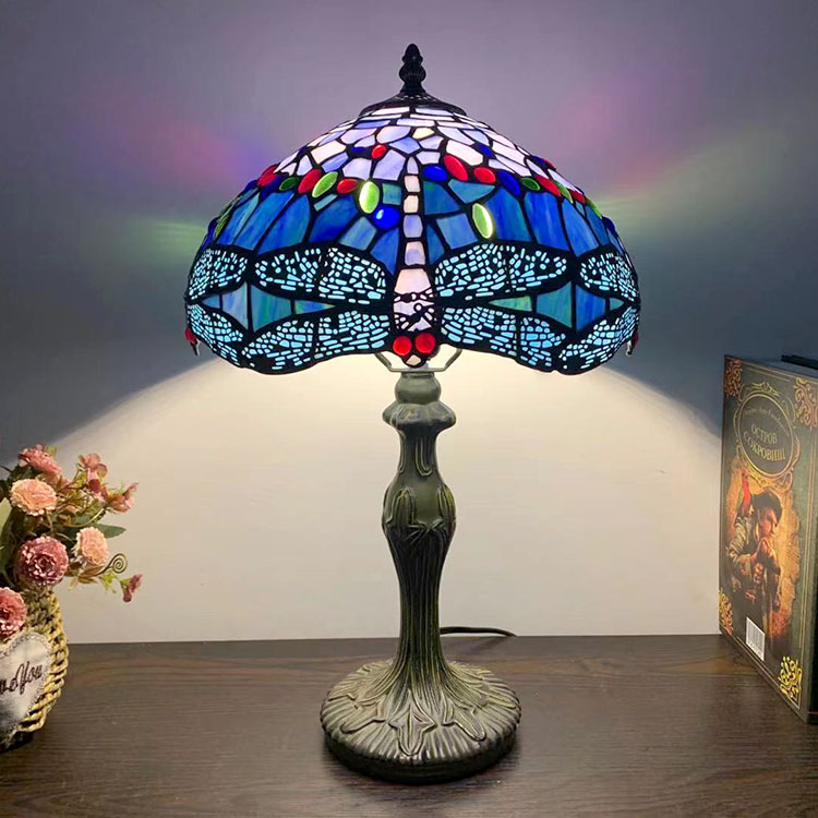 LongHuiJing Tiffany Style Table Lamp Dragonfly Blue Purple Stained Glass Lampshade Desk Lighting 12W18H