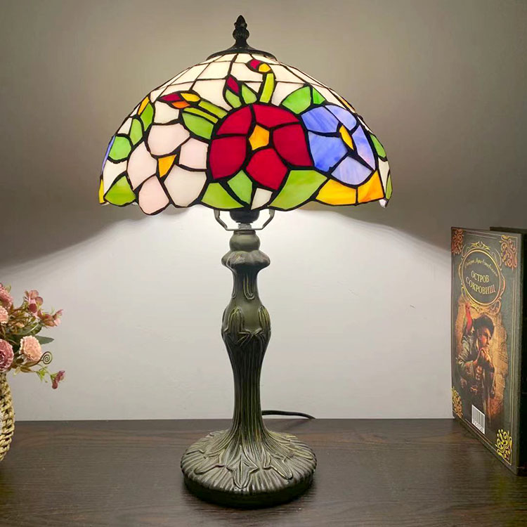 LongHuiJing Tiffany Style Table Lamp Flower Stained Glass Lampshade Desk Lighting 12W18H