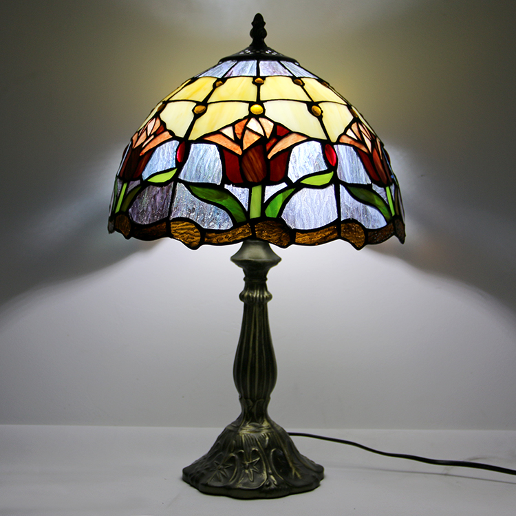 LongHuiJing 12Inch Tiffany Lamp Stained Glass Bedside Table Lamp Red Tulip Decor Style Reading Desk Light 18" Tall