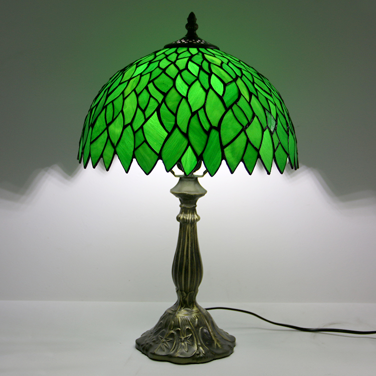 LongHuiJing 12Inch Tiffany Lamp Stained Glass Bedside Table Lamp Leafs Green Style Reading Desk Light 18" Tall