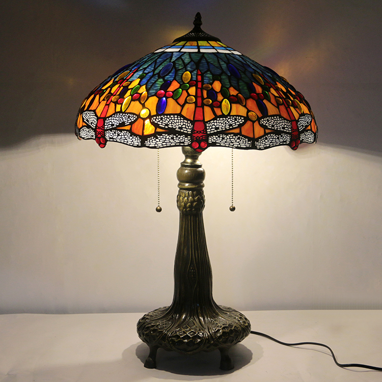 LongHuiJing 18Inch Retro Tiffany Table Lamp Red Dragonfly Stained Glass Lampshade Lights Handmade Glass Desk Lamps