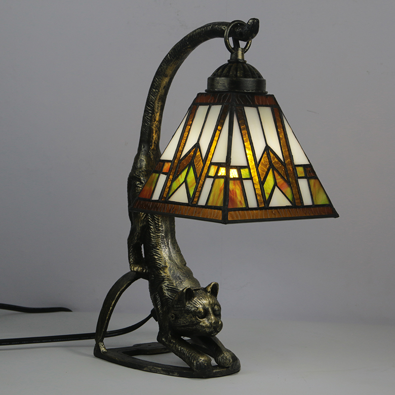 LongHuiJing Tiffany Style Table Lamp Stained Glass Bedside Lamps with Cat Base 15 inch Tall Vintage Antique Nightstand  