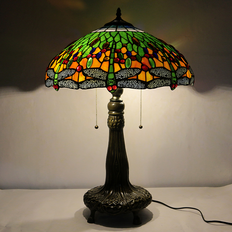 LongHuiJing 18Inch Retro Tiffany Table Lamp Stained Glass Green Dragonfly Lampshade Lights Handmade Glass Desk Lamps