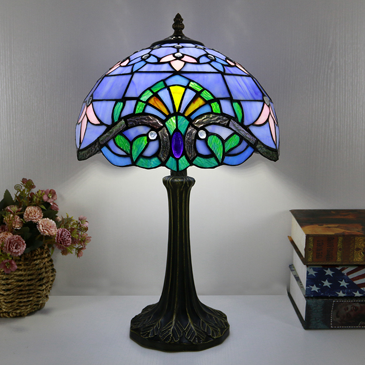 LongHuiJing Tiffany Style Table Lamp 12inch Blue Baroque Stained Glass Lampshade Desk Light Creative Art Home Decor