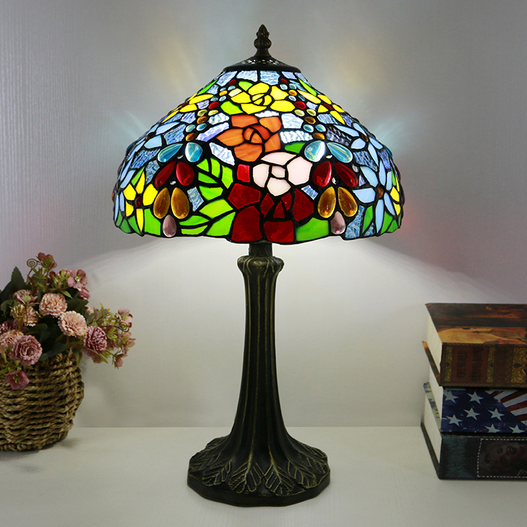 LongHuiJing Tiffany Style Table Lamp 12inch Unique Flower Stained Glass Lampshade Desk Light Creative Art Home Decor