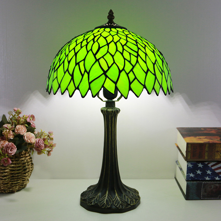 LongHuiJing Tiffany Style Table Lamp 12inch Green Leaf Stained Glass Lampshade Desk Light Creative Art Home Decor