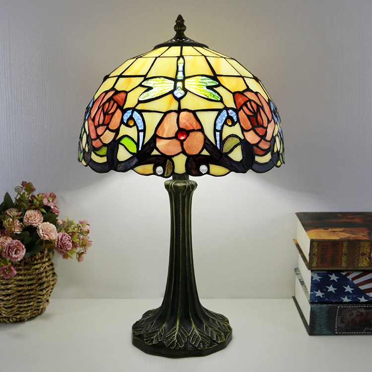 LongHuiJing Tiffany Style Table Lamp 12inch Red Flower Stained Glass Lampshade Desk Light Creative Art Home Decor