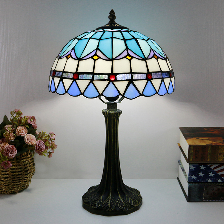 LongHuiJing Tiffany Style Table Lamp 12inch Blue Stained Glass Lampshade Desk Light Creative Art Home Decor