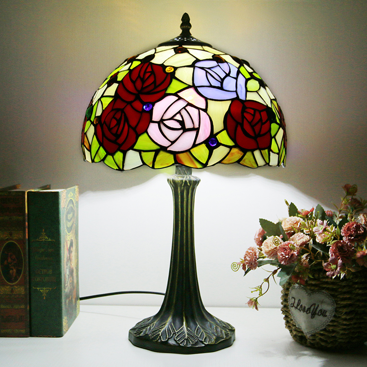 LongHuiJing Tiffany Style Table Lamp 12inch Rose Flower Stained Glass Lampshade Desk Light Creative Art Home Decor