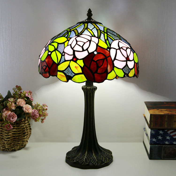 LongHuiJing Tiffany Style Table Lamp 12inch Red Rose Flower Stained Glass Lampshade Desk Light Creative Art Home Decor