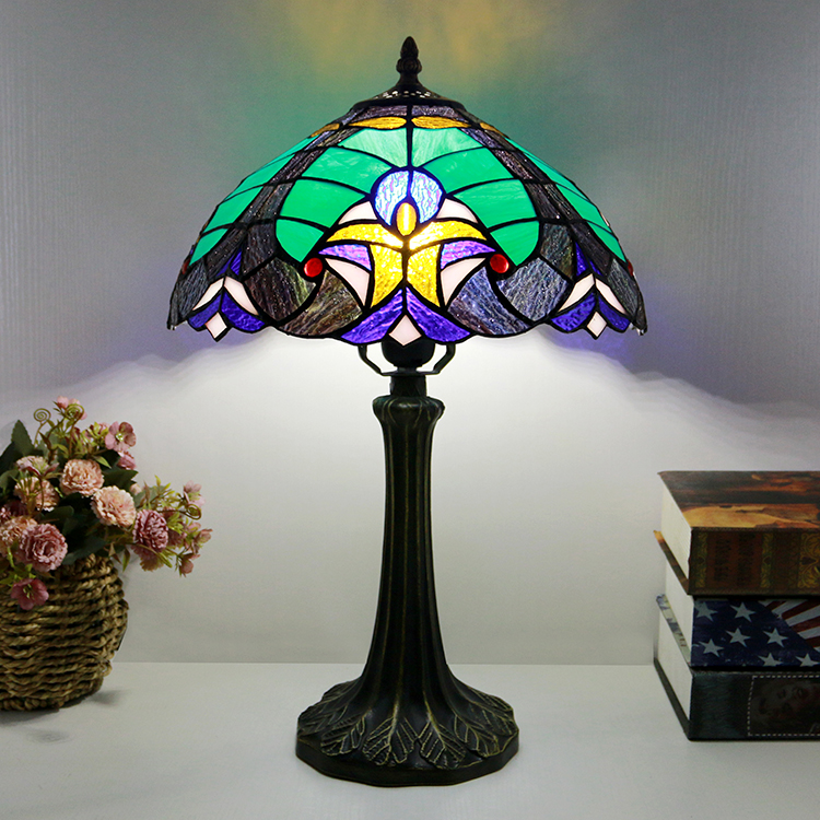 LongHuiJing 12Inch Tiffany Style Lamp Stained Glass Bedside Table Lamp Blue Yellow Liaison Reading Desk Light