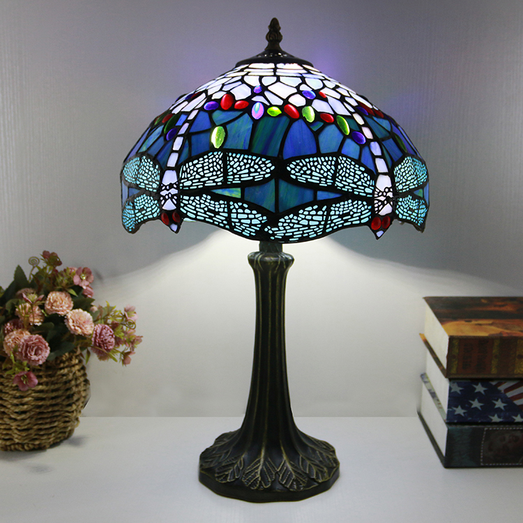LongHuiJing Tiffany Style Table Lamp 12inch Purple Dragonfly Stained Glass Lampshade Desk Light Creative Art Home Decor