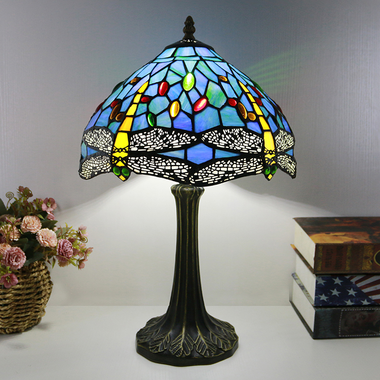 LongHuiJing Tiffany Style Table Lamp 12inch Yellow Dragonfly Stained Glass Lampshade Desk Light Creative Art Home Decor