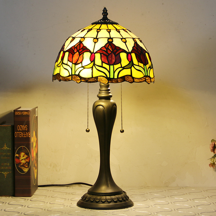 LongHuiJing 12Inch Tiffany Style Desk Lamp Red Tulip Stained Glass Table Lamps Creative Bedroom Bedside Desk Light