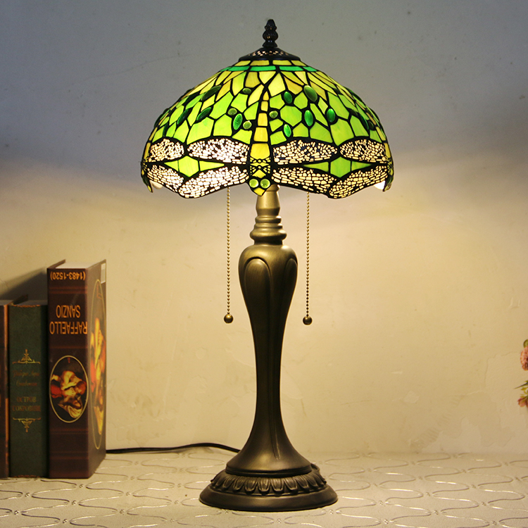 LongHuiJing 12Inch Tiffany Style Desk Lamp Green Dragonfly Stained Glass Table Lamps Creative Bedroom Bedside Desk Light
