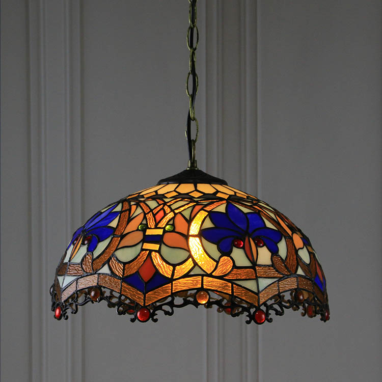 LongHuiJing 16-Inch Tiffany Style Hanging Pendant Lamp Fixture Antique Flower Stained Glass Hanging Lighting