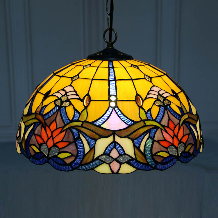 LongHuiJing 16-Inch Tiffany Style Hanging Pendant Lamp Fixture Elegant Flower Stained Glass Hanging Lighting