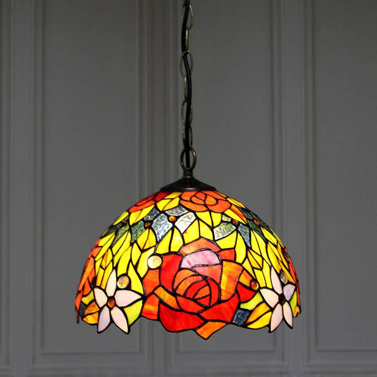 LongHuiJing 12-Inch Tiffany Style Hanging Pendant Lamp Fixture Rose Flower Stained Glass Hanging Lighting With 1 Lights
