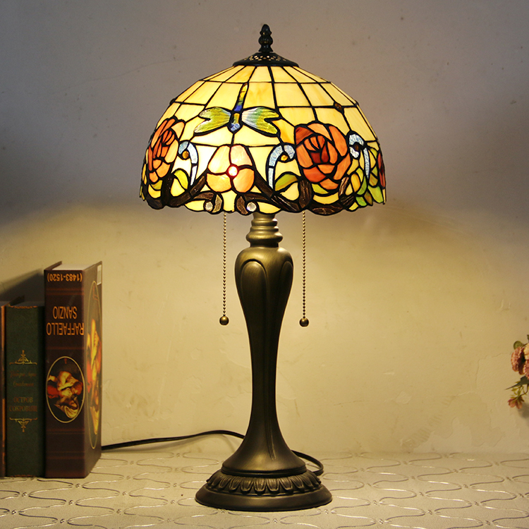 LongHuiJing 12Inch Tiffany Style Desk Lamp Red Rose Stained Glass Table Lamps Creative Bedroom Bedside Desk Light