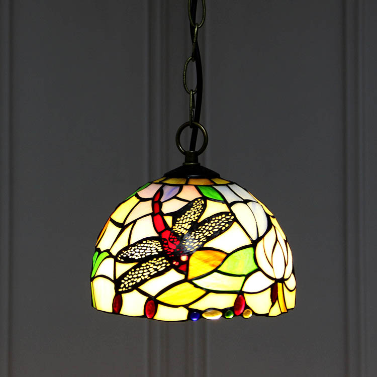 LongHuiJing 8Inch Tiffany Style Stained Glass Hanging Lamp Vintage Small Stained Glass Ceiling Light