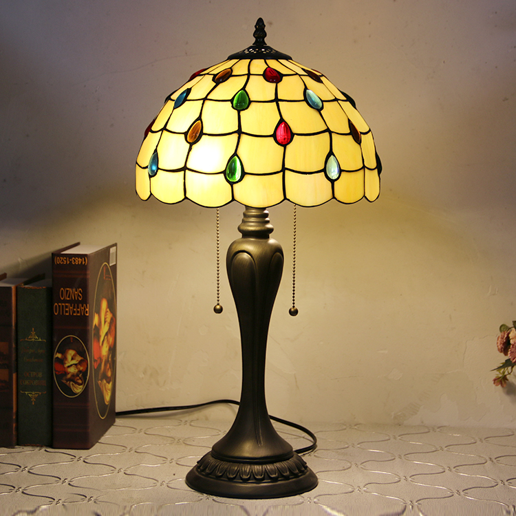 LongHuiJing 12Inch Tiffany Style Desk Lamp Colorful Stained Glass Table Lamps Creative Bedroom Bedside Desk Light