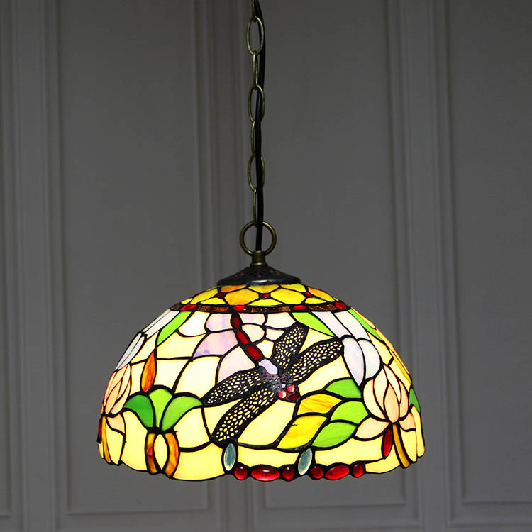 LongHuiJing 12-Inch Tiffany Style Hanging Pendant Lamp Fixture Dragonfly Stained Glass Hanging Lighting With 1 Lights