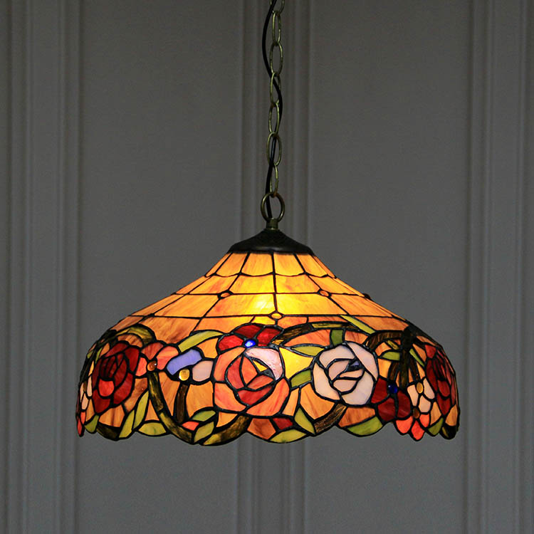 LongHuiJing 16-Inch Tiffany Style Hanging Pendant Lamp Fixture Rose Flower Stained Glass Hanging Lighting With 2 Lights
