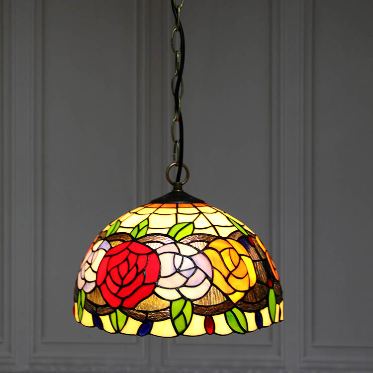 LongHuiJing Tiffany Style Hanging Pendant Lamp Stained Glass Rose Theme Ceiling Light 12Inch 