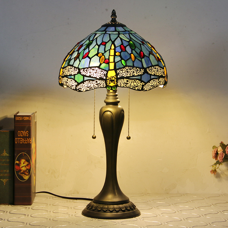 LongHuiJing 12Inch Tiffany Style Desk Lamp Blue Dragonfly Stained Glass Table Lamps Creative Bedroom Bedside Desk Light