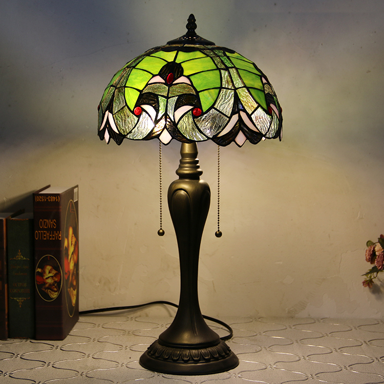 LongHuiJing 12Inch Tiffany Style Desk Lamp Green Elegant Stained Glass Table Lamps Creative Bedroom Bedside Desk Light