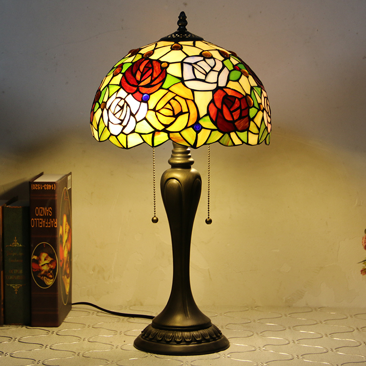 LongHuiJing 12Inch Tiffany Style Desk Lamp Rose Floral Stained Glass Table Lamps Creative Bedroom Bedside Desk Light