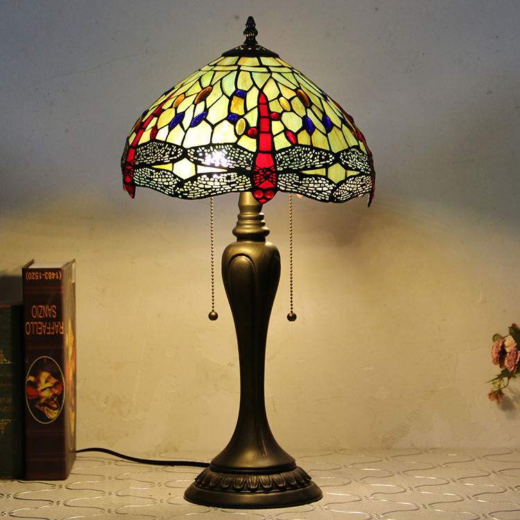 LongHuiJing 12Inch Tiffany Style Desk Lamp Red Dragonfly Stained Glass Table Lamps Creative Bedroom Bedside Desk Light