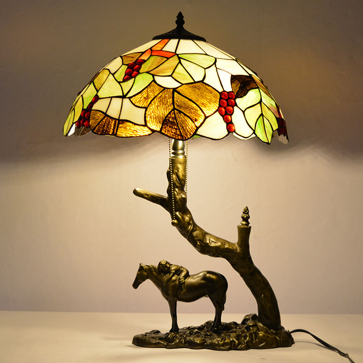 LongHuiJing Stained Glass Table Lamp Tiffany Style Desk Light With 16Inch Leaf Lampshade With Horse Resin Base