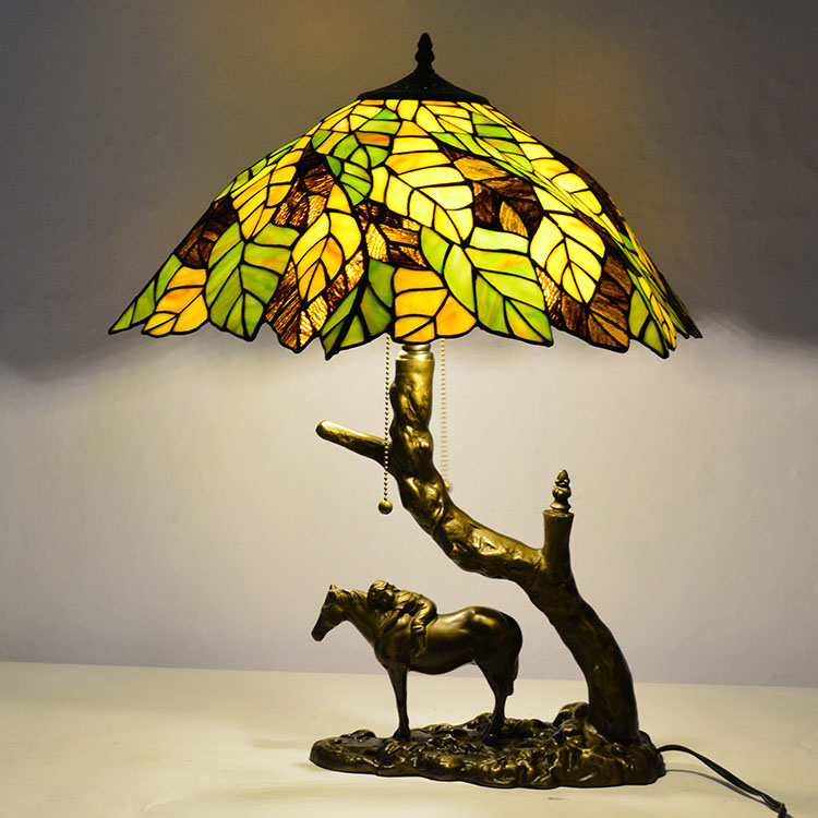 LongHuiJing Stained Glass Table Lamp Tiffany Style Desk Light With 19.8Inch Leaf Lampshade With Horse Resin Base