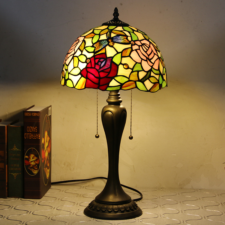 LongHuiJing 12Inch Tiffany Style Desk Lamp Elegant Flower Stained Glass Table Lamps Creative Bedroom Bedside Desk Light