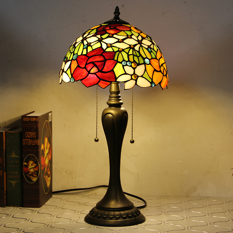 LongHuiJing 12Inch Tiffany Style Desk Lamp Rose Flower Stained Glass Table Lamps Creative Bedroom Bedside Desk Light