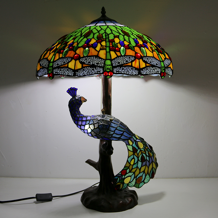 LongHuiJing Blue Dragonfly Stained Glass Lampshade Desk Lamp Tiffany Style Table Lamps With Glass Peacock and Tree Base