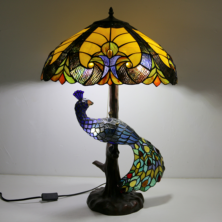 LongHuiJing 18Inch Blue Stained Glass Lampshade Desk Lamp Tiffany Style Table Lamps With Glass Peacock and Tree Base