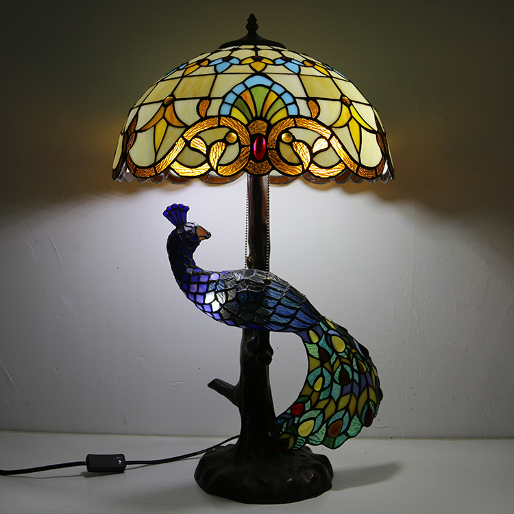 LongHuiJing 16Inch Baroque Stained Glass Lampshade Desk Lamp Tiffany Style Table Lamps With Glass Peacock and Tree Base