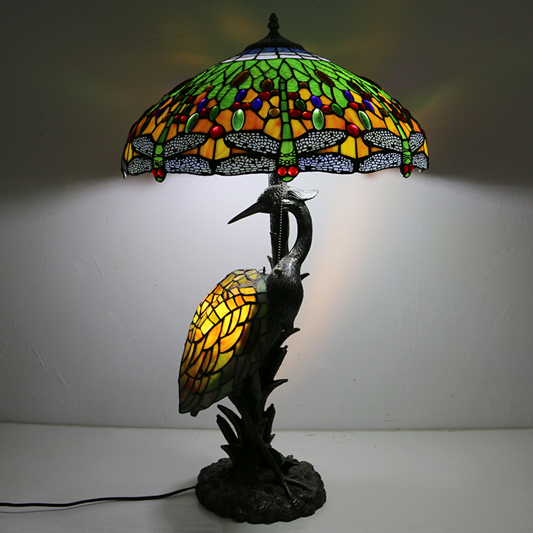 LongHuiJing Antique Reading Lamp 18Inch Tiffany Style Male Bird Desk Lamp Blue Dragonfly Glass Lampshade Lights