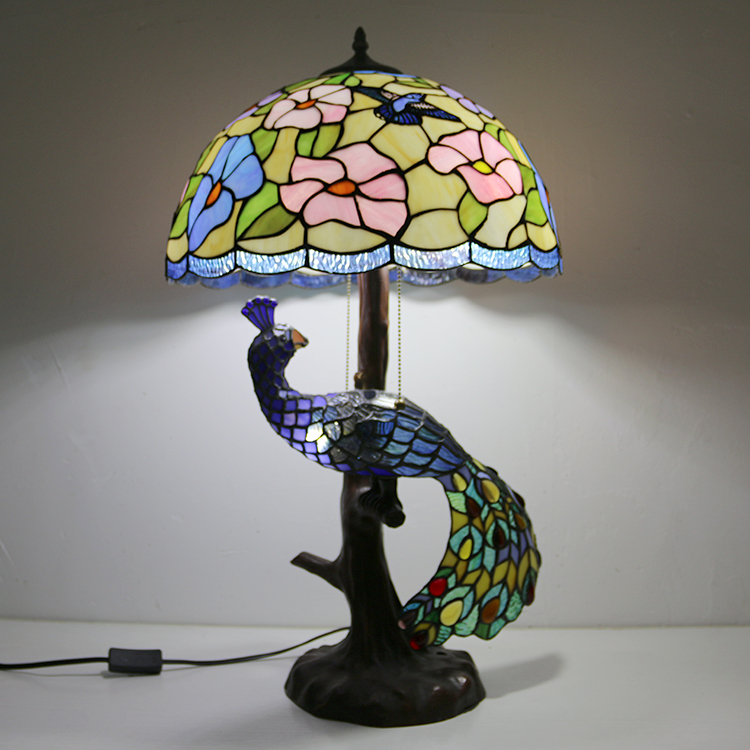 LongHuiJing 16In Butterfly Stained Glass Lampshade Desk Lamp Tiffany Style Table Lamps With Glass Peacock and Tree Base